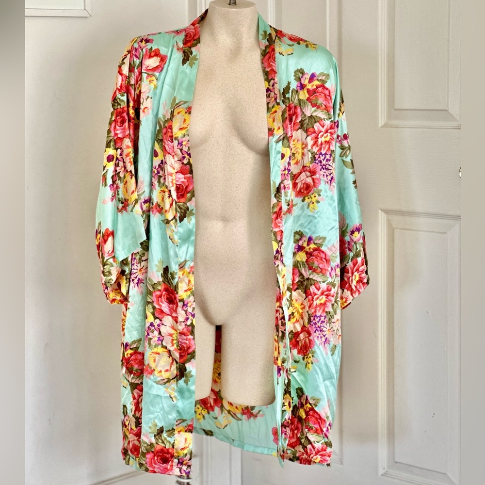 Blue Satin Floral Print Robe Kimono